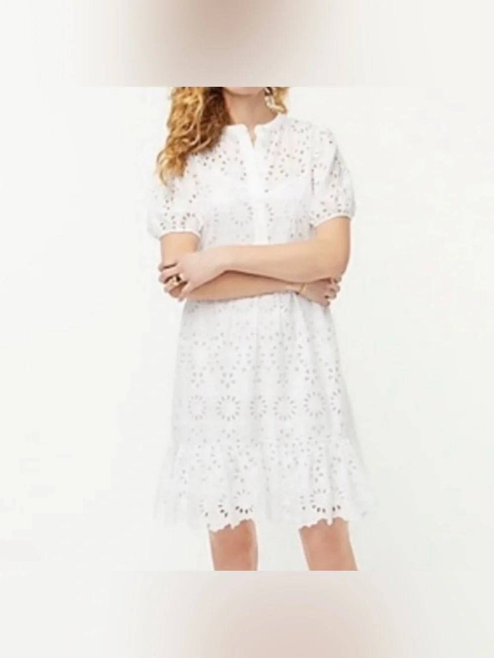 NWOT J crew puff sleeve eyelet dress white with pockets. Size 10.